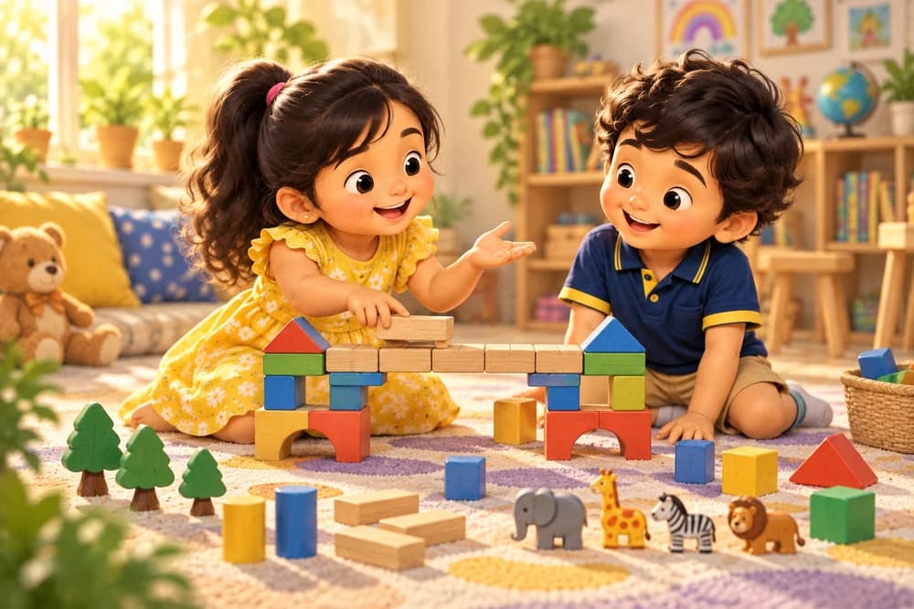 Children independently building a wooden bridge