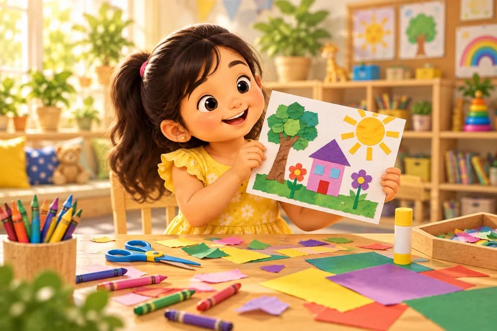 Child creating a paper collage