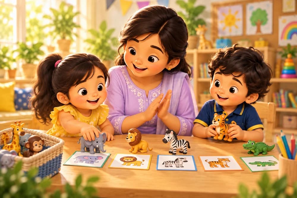 Child sorting toy animals and picture cards