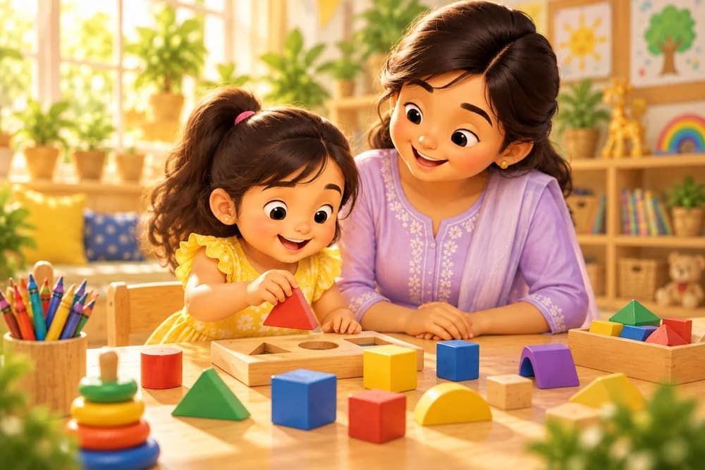Toddler exploring tactile shape blocks