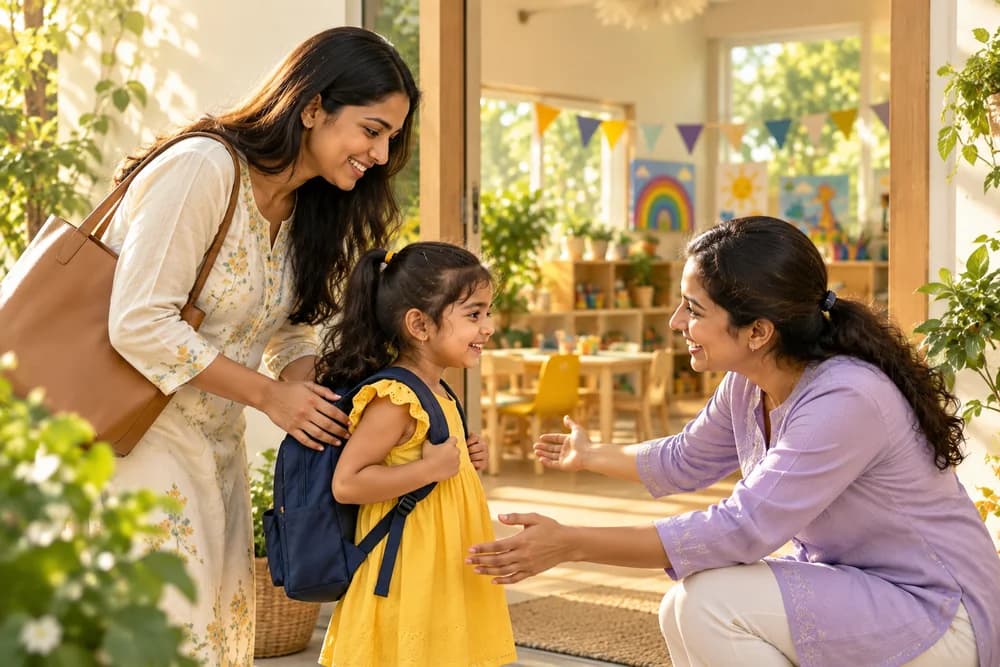 Representative family welcomed by a teacher at a preschool