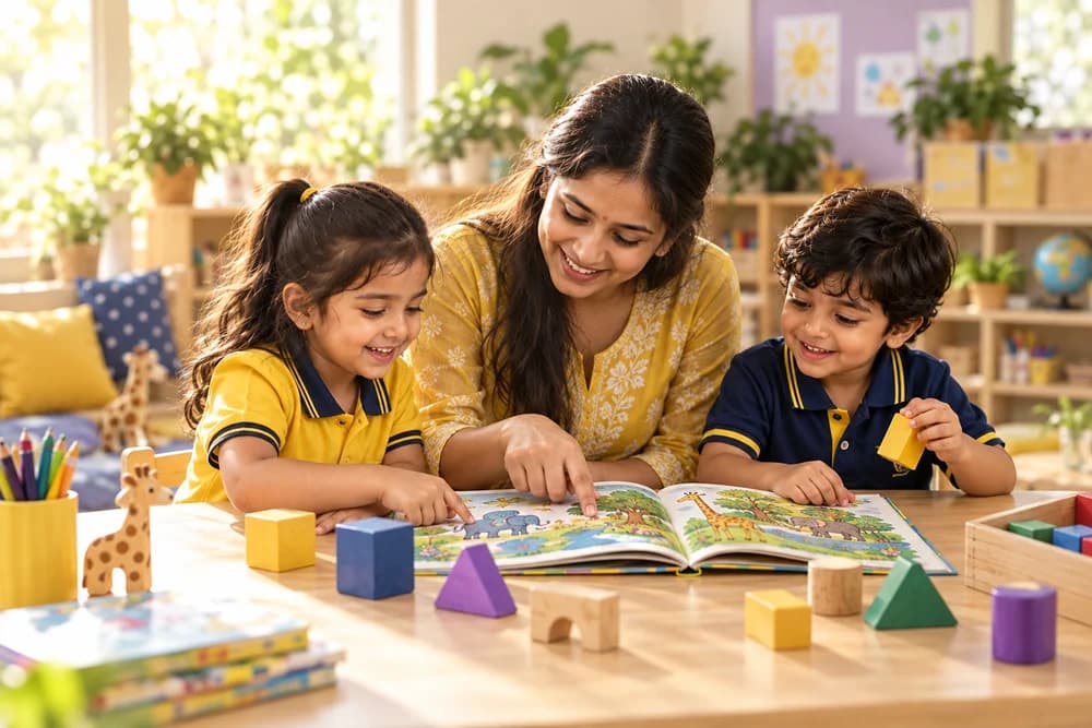 Representative teacher and children exploring a picture book and classroom materials