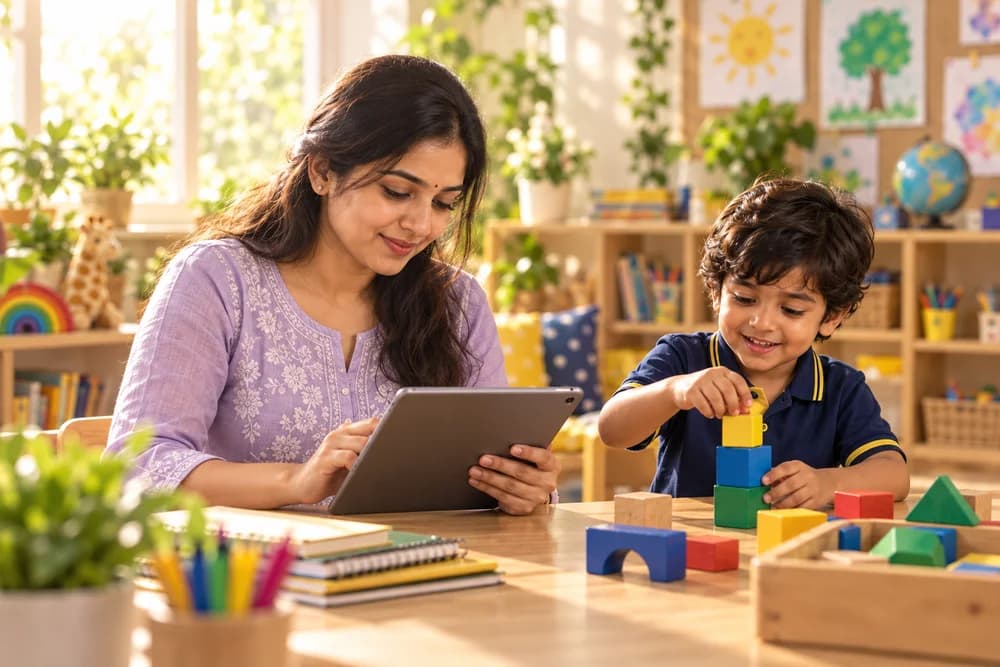 Representative preschool teacher planning the school day with a tablet