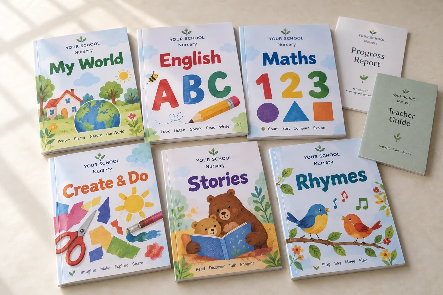 Six school-branded Nursery book concepts: My World, English, Maths, Create & Do, Stories and Rhymes, with a progress report and teacher guide
