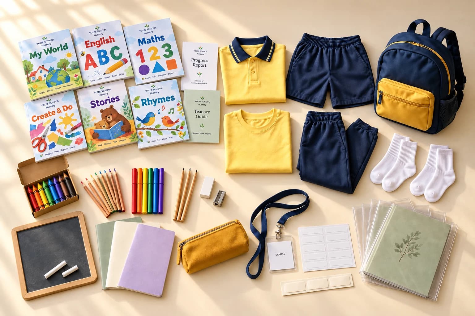 Representative Nursery kit with six school-branded book concepts, yellow and navy uniform, sports set, socks, backpack, stationery, ID lanyard, labels and book covers