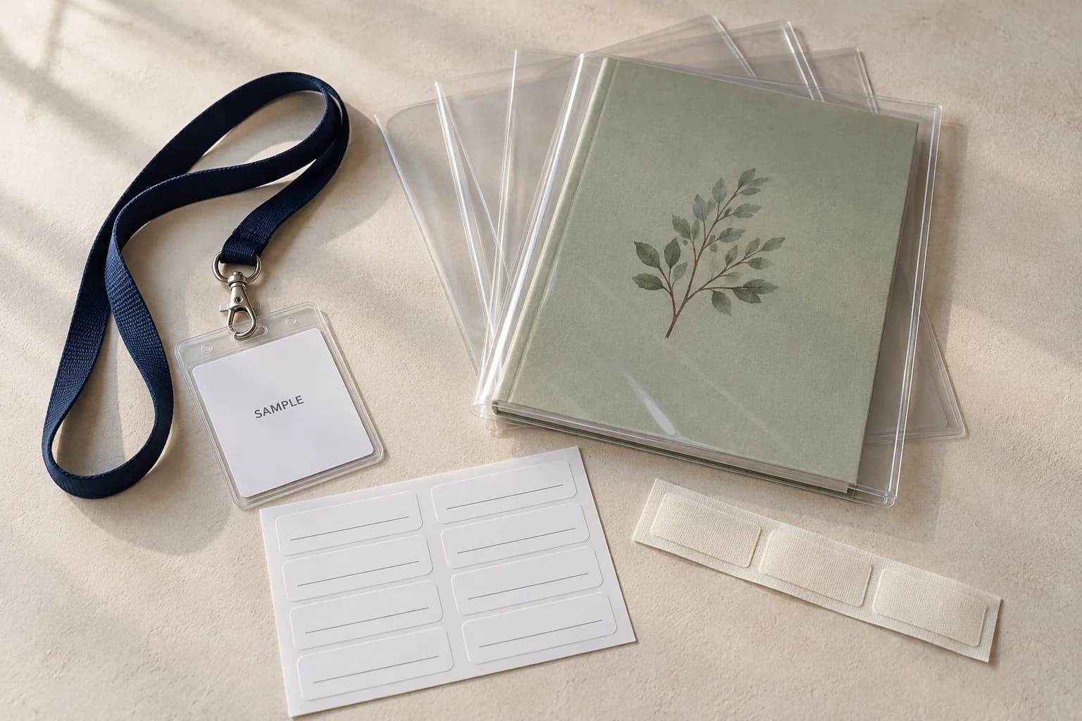 Photorealistic concept of a sample ID on a navy lanyard, stick-on and fabric labels, and clear book covers