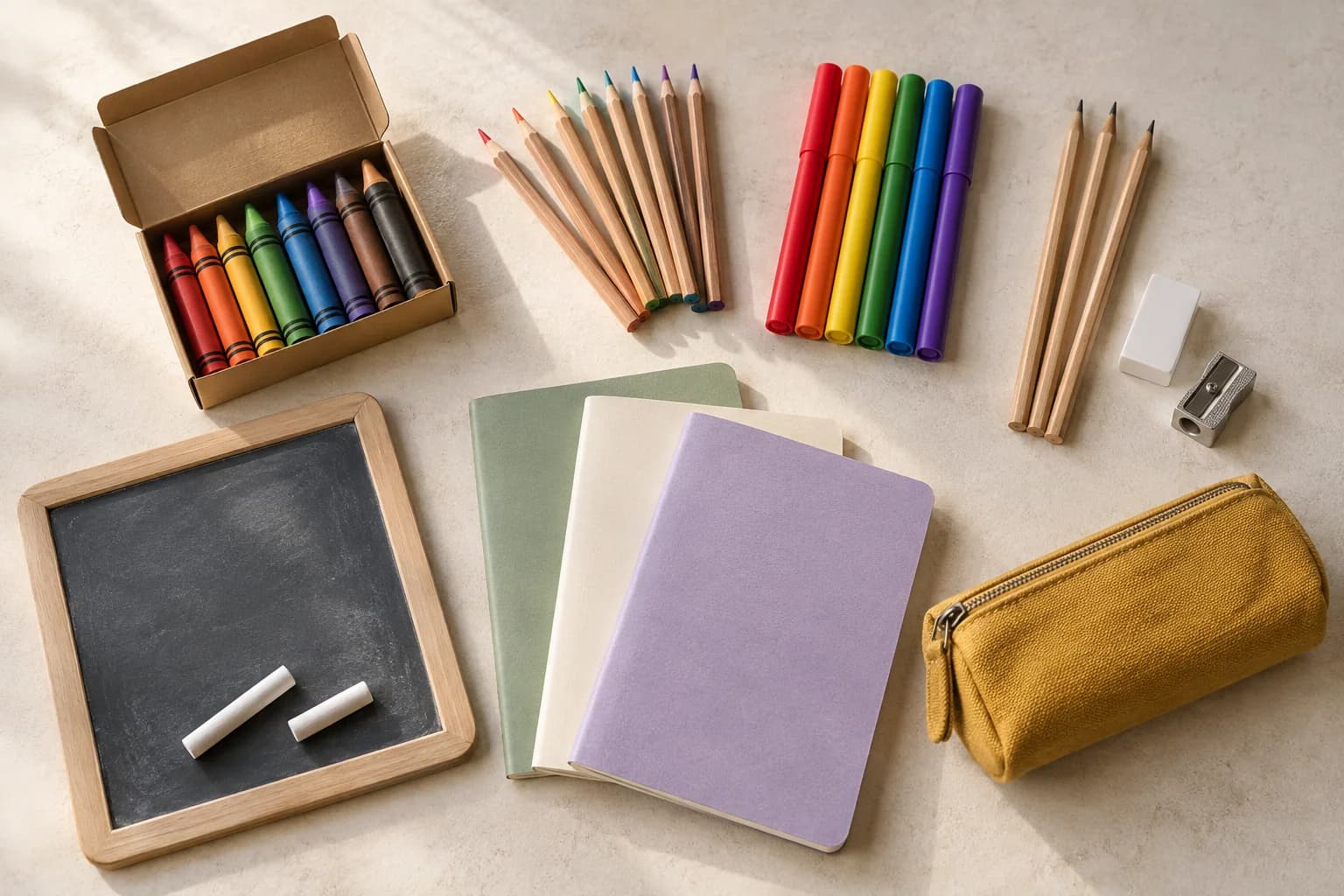Notebooks, jumbo crayons, colour pencils, sketch pens, a slate, pencils, eraser, sharpener and a pencil pouch