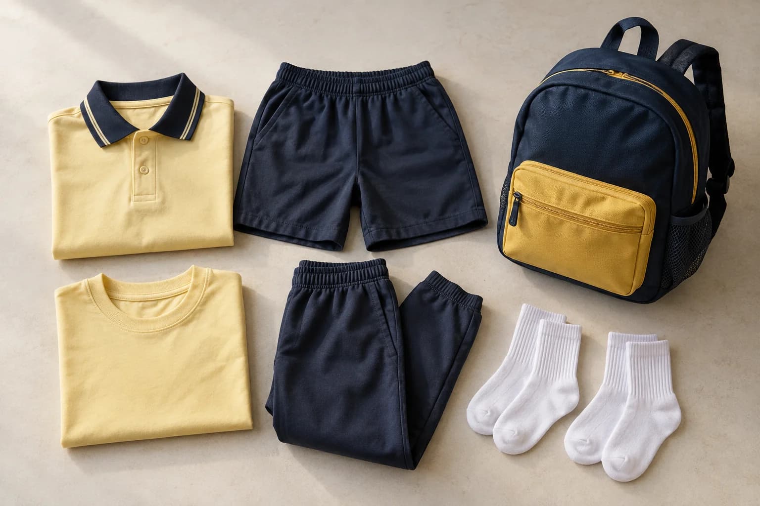 Photorealistic concept of a yellow polo and navy shorts, sports tee and track pants, two pairs of socks and a navy backpack with an empty bottle pocket
