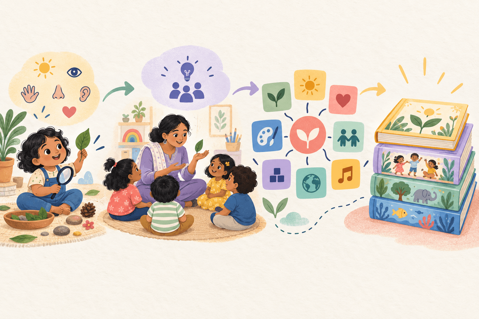 Children exploring nature, learning with their teacher, and discovering ideas through books