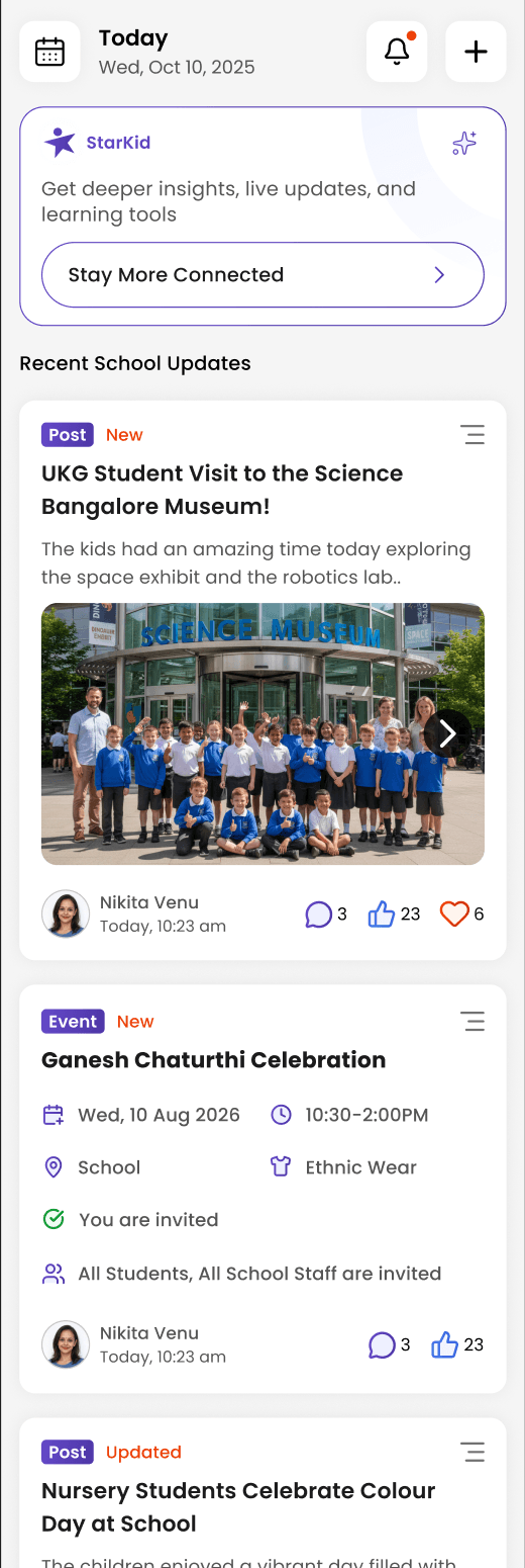 The Starkid parent app showing a School Updates feed with teacher posts, photos, and events