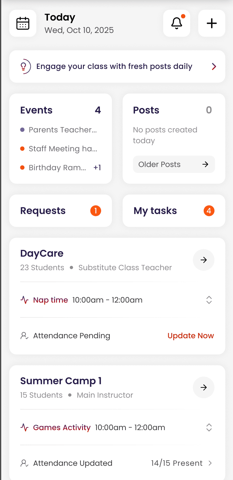 The Starkid School app dashboard showing attendance, events, posts, and class management