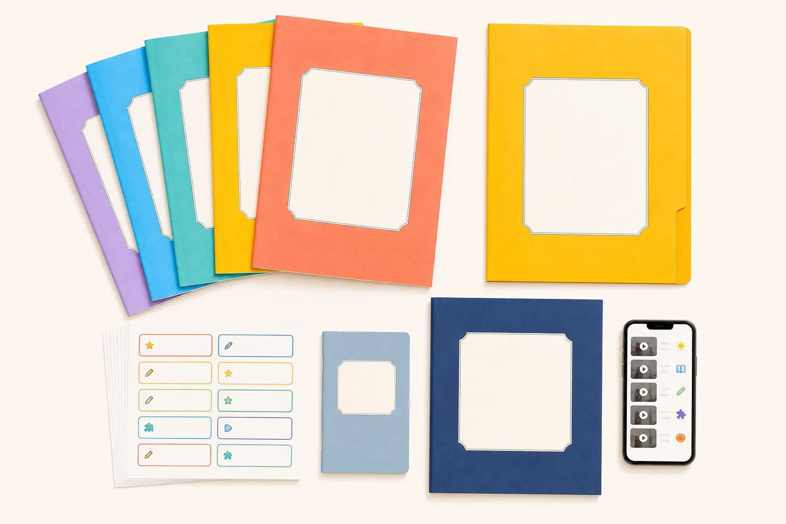 Five workbooks with blank cover panels, a folder, a progress booklet, name labels and the app