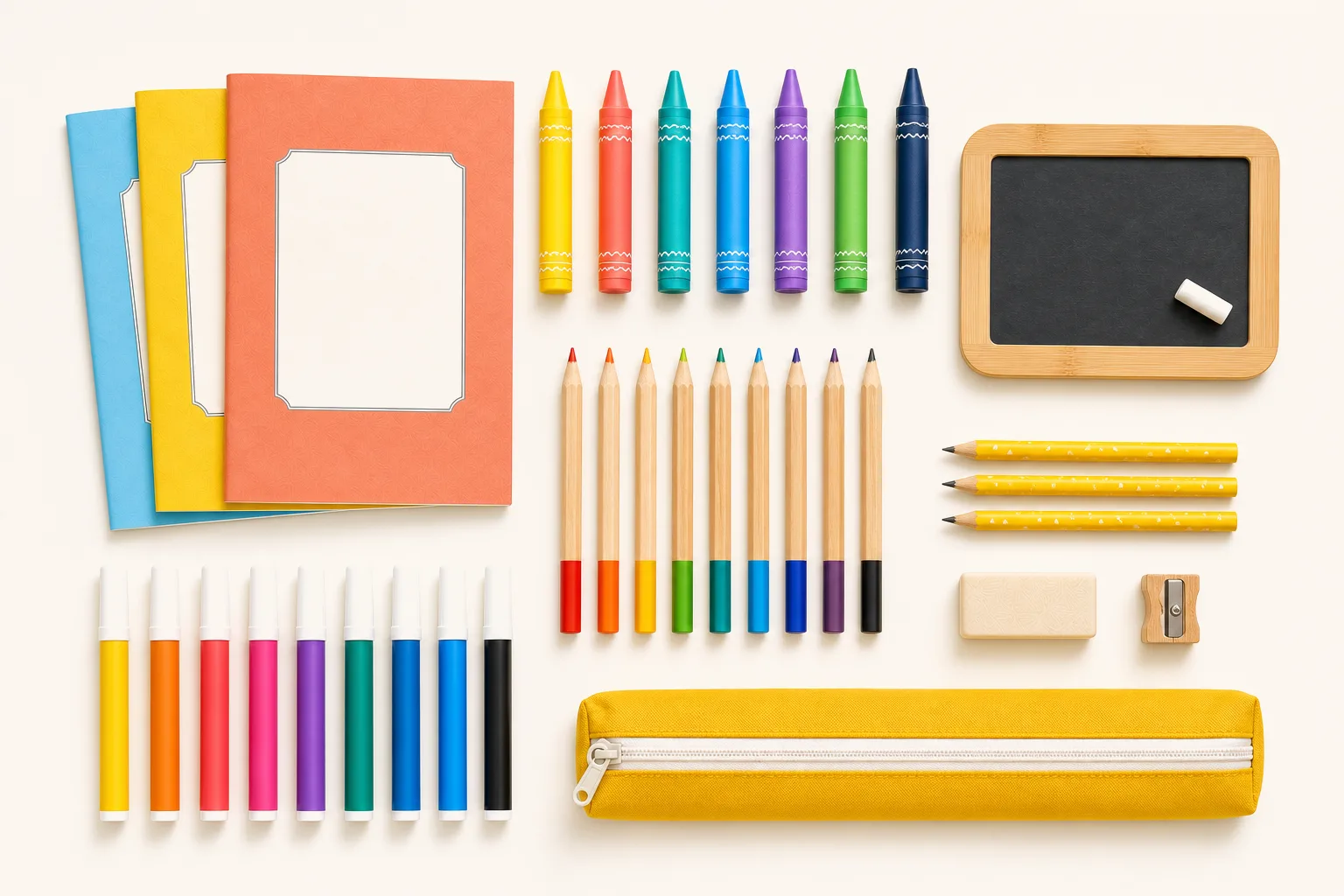 Notebooks, jumbo crayons, colour pencils, sketch pens, a slate, pencils, eraser, sharpener and a pencil pouch