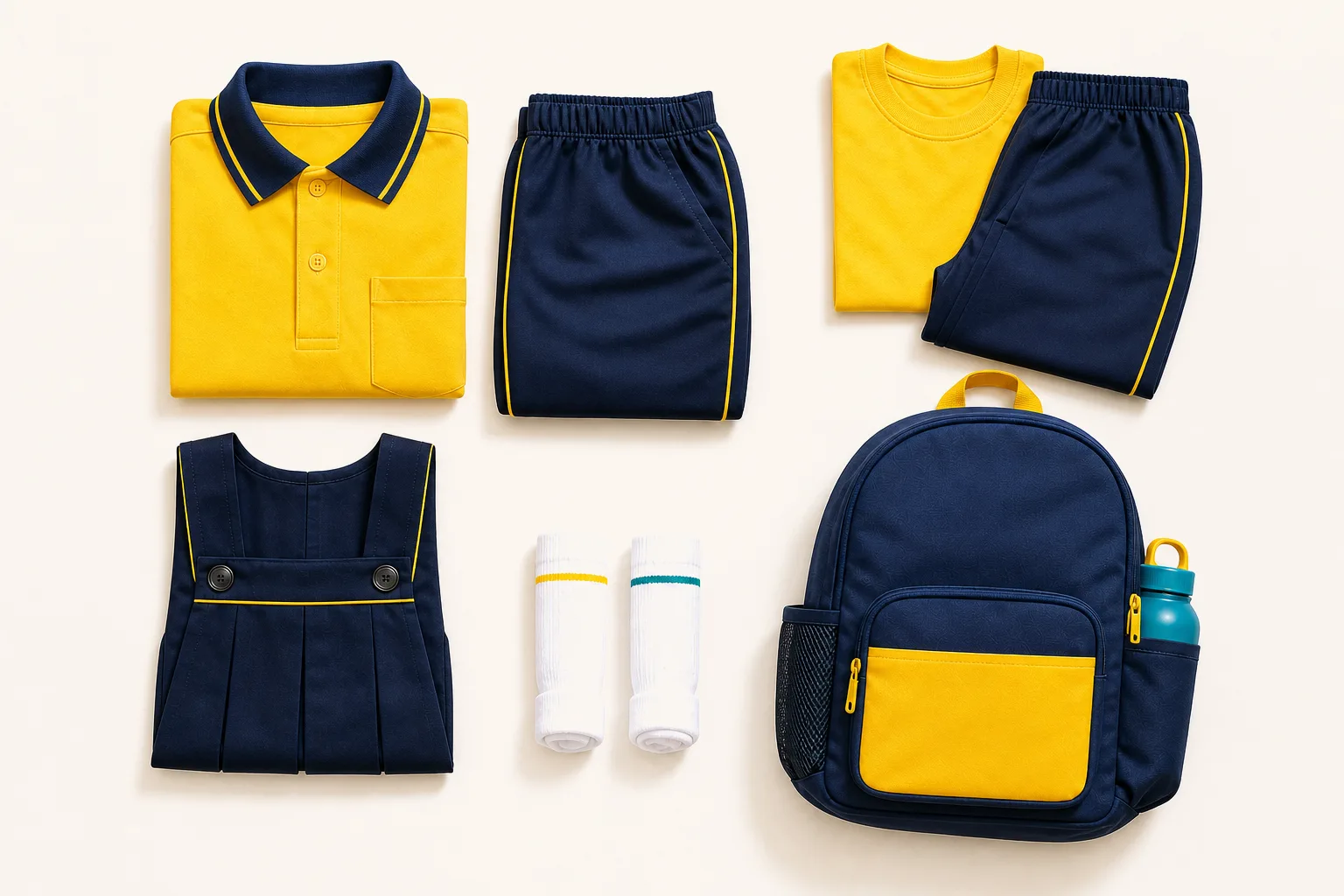 Polo shirt, track pants, sports set, pinafore, socks and a school bag with water bottle